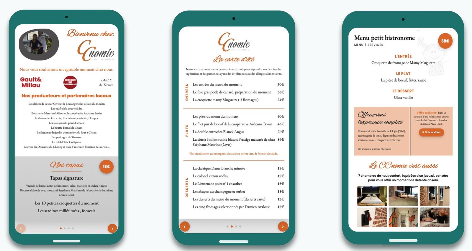 Trois pages d'un menu digital Viziit personnalisé